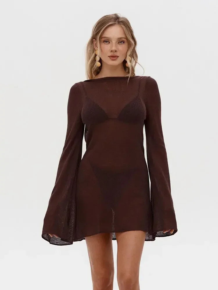 Summer Seaside Women's Solid Knit Mini Dress Cover Up Backless Bell Sleeve See Through Short Dress Beach Swimsuit Cover Up