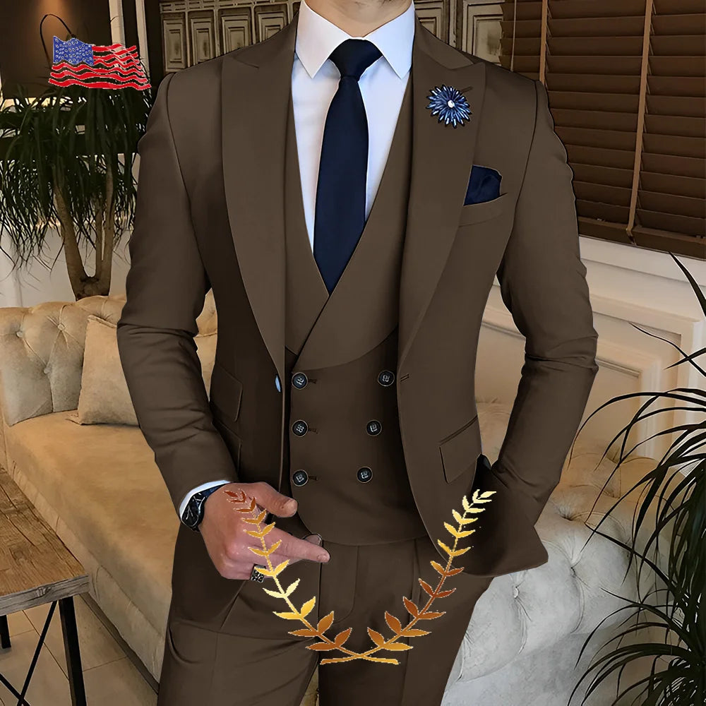 Men's Suit Jacket Pants Vest 3-piece Set Slim Fit Handsome Men Blazer for Party