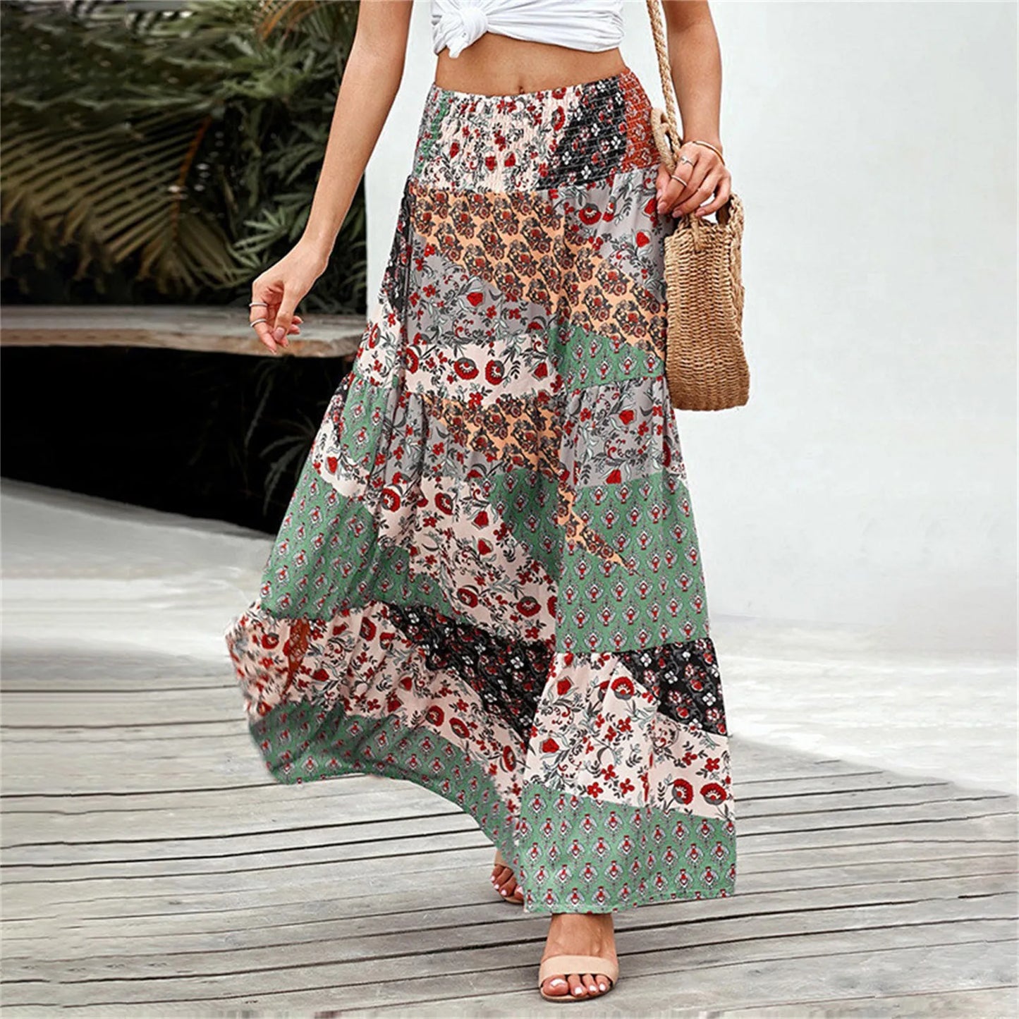 All-Match Skirt Loose Elastic Waist Floral Print Ethnic Style Boho Skirt Bohemian Vintage Skirt