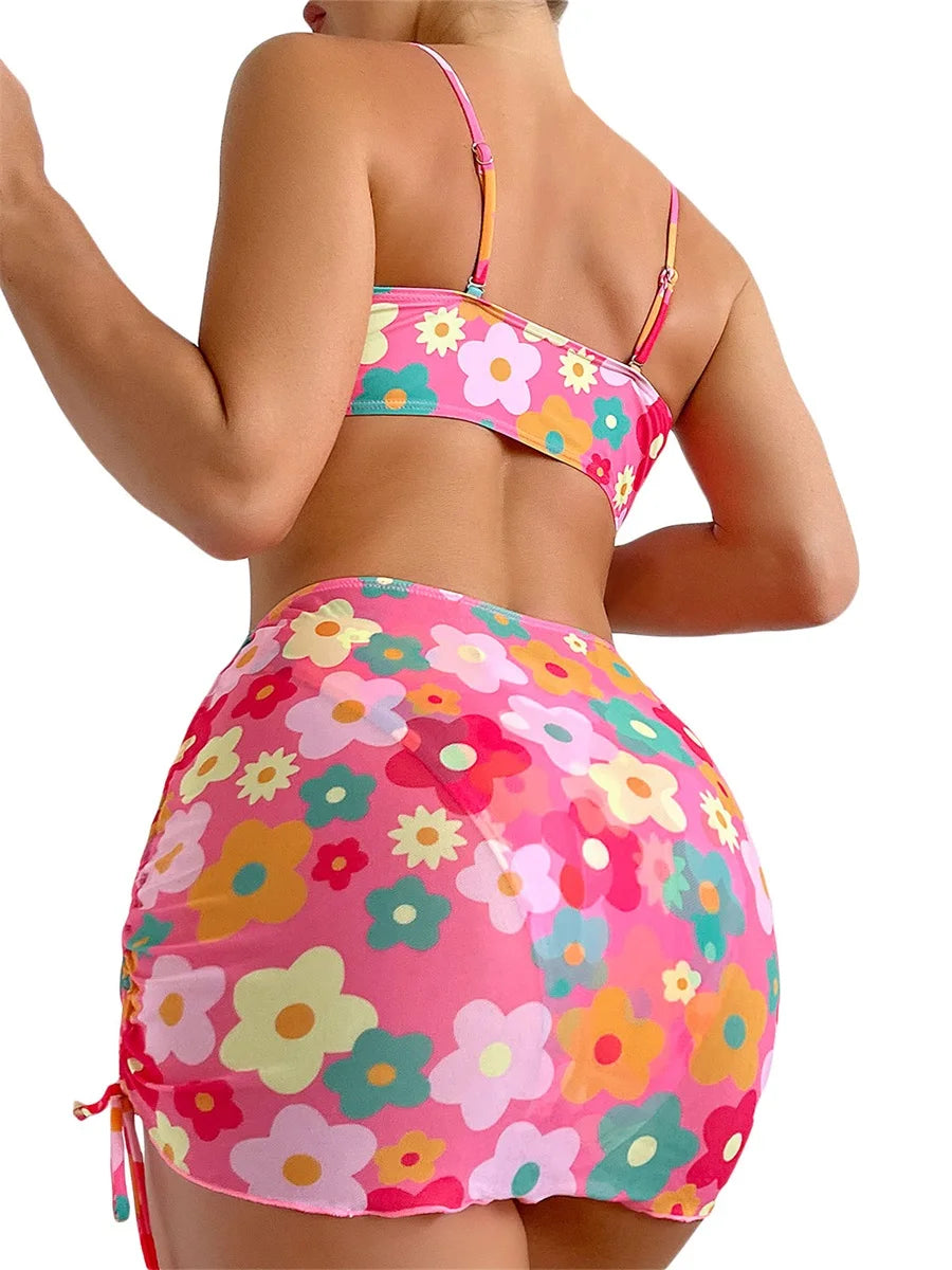 Women 3pcs Swimsuit Set Floral  Push Up Bra and Elastic Briefs Cover Up Skirt Beachwear Bathing Suit