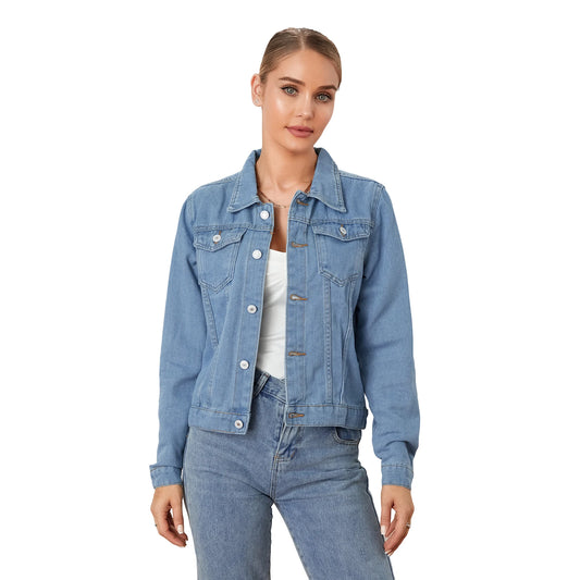 Solid Color Denim Jacket  Lapel Button Cardigan Jean Jacket  Casual Long Sleeve Short Coat