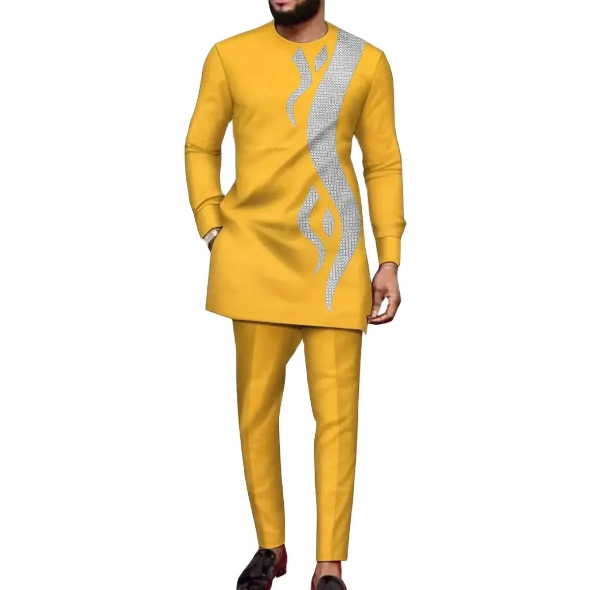Men's  Wedding 2-Piece Suit Waist Pants Shirt Solid Color Panel Long Sleeve Party African Ethnic Style Clothing
