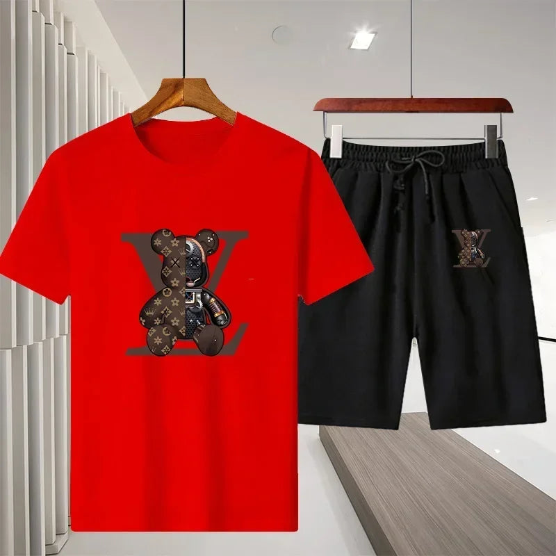 Men's short-sleeved T-shirt sportswear set, summer casual outdoor fashion men's round-neck top + Shorts 2-piece set
