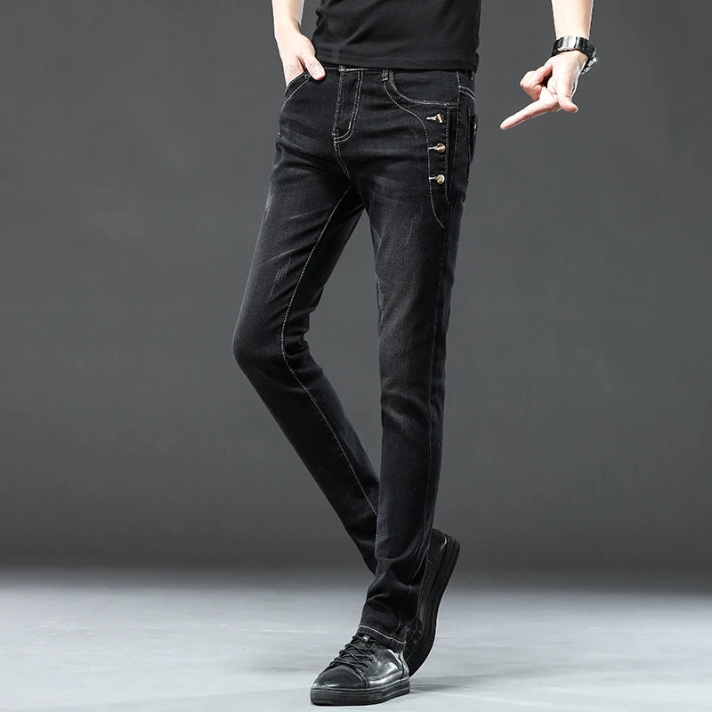 Button Jeans  Solid Color Stretch Multi-button  Denim Pants Streetwear