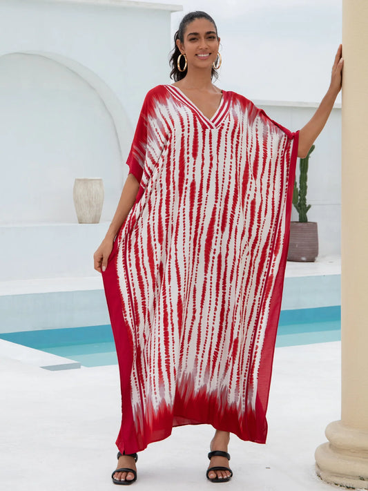 Red Stripe Women  Loose Fitting Long Robe Beach Vacation V-neck Sunscreen Clothing