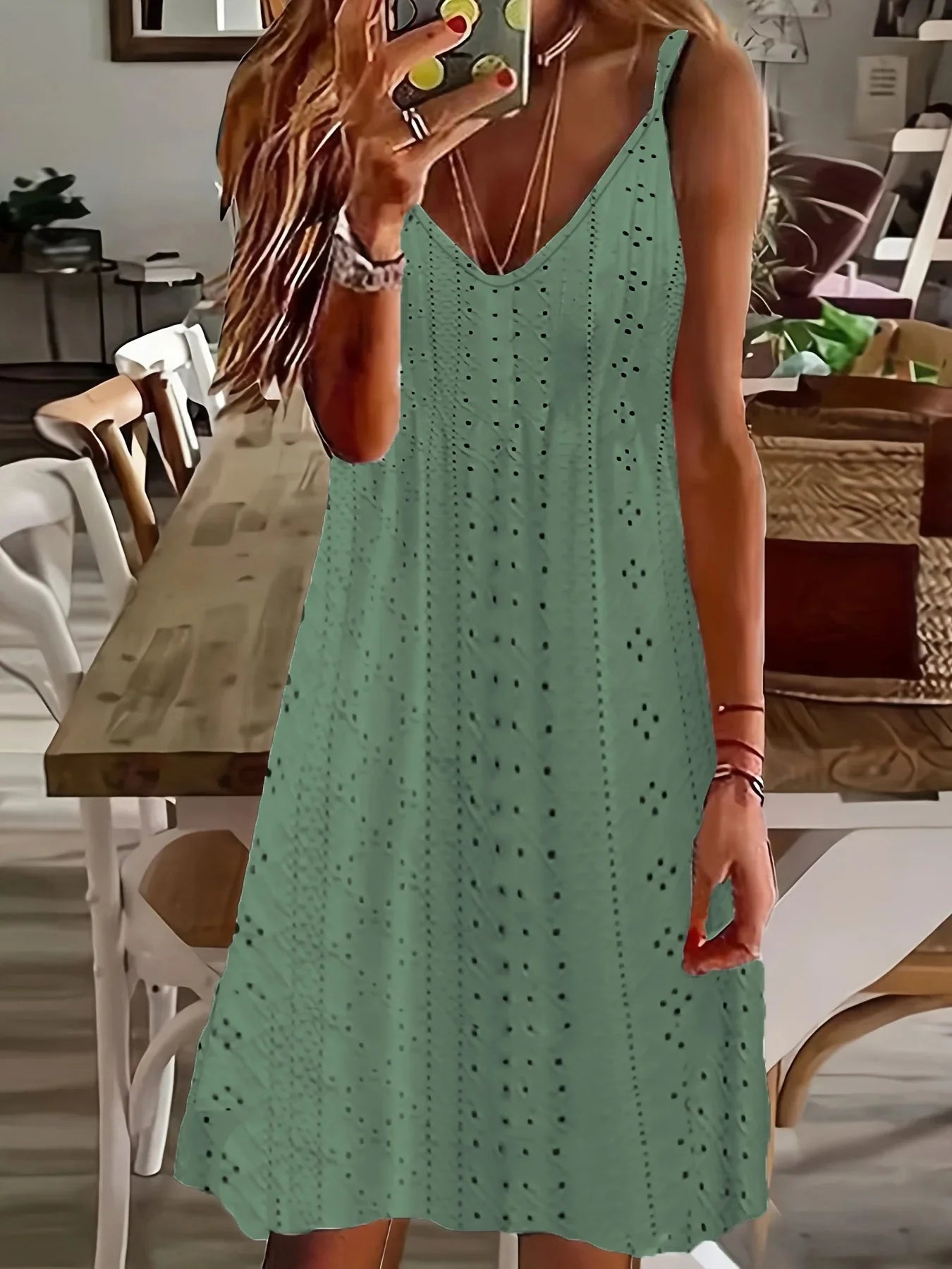 Europe and the United States Plus Size Women's Summer  Cutout Jacquard V-Neck Strap Solid Color Dress