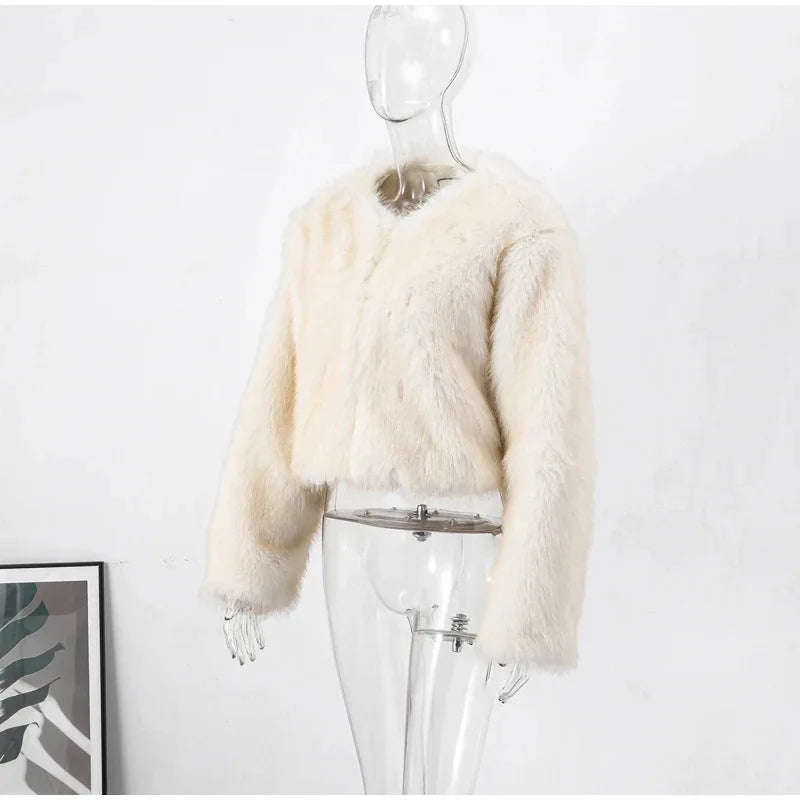Cropped Faux Fur Coat Women Winter Fluffy Short Fur Jacket Streetwear Chic Jackets