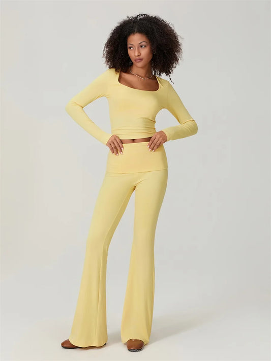 Elegant Women's Solid Color Two-Piece Set with Square Neck Long Sleeve Top and  Fit Long Pants for Stylish Loungewear