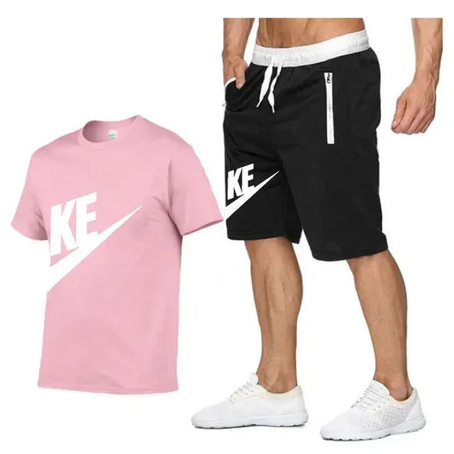 Summer men's printed round neck short-sleeved T-shirt + five-point shorts two-piece fitness sports fashion leisure suit