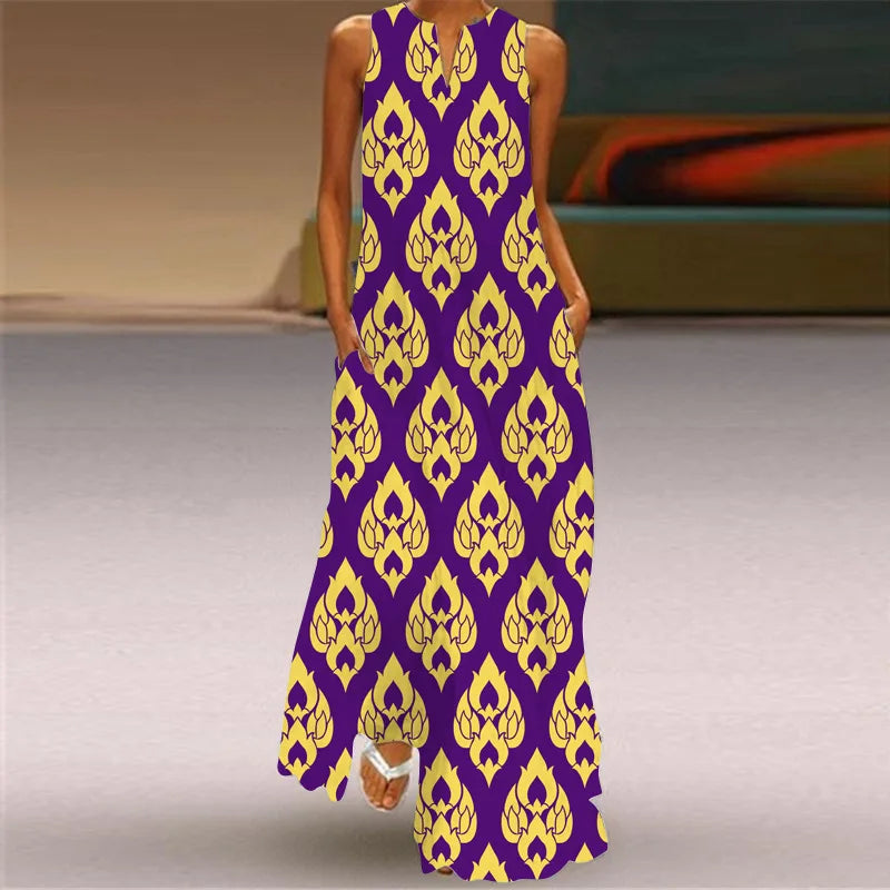 Vintage Print Maxi Dress For Women Summer Loose Sleeveless Long Dresses Elegant Lady V Neck Pocket Boho Beach Sundress Vestidos
