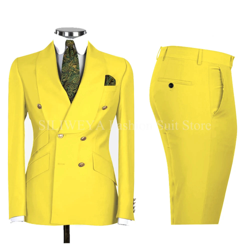 Gold Men Business Casual Men's Suits Jacket Pants Set Male Blazer Coat Pants 2PCS Slim Fit Suits