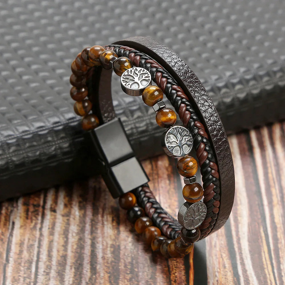 Hot Fashion Beads Leather Bracelet Men Classic Tiger Eye Beaded Multi Layer Leather Bracelet For Men Jewelry
