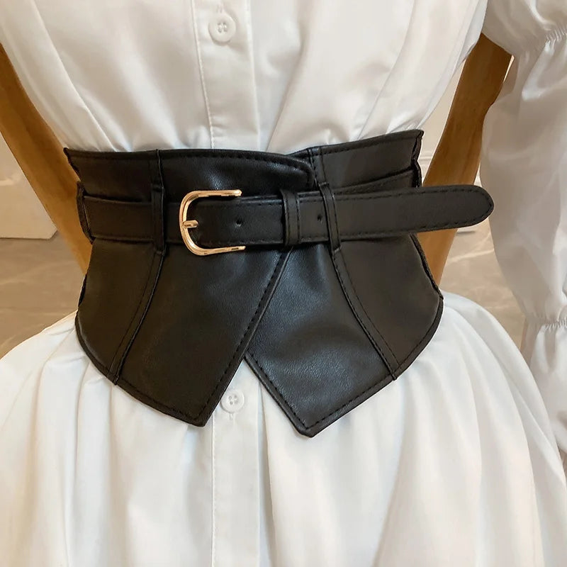 Classic Pin Buckle Wide Belts Black Elastic PU Waistband Trendy Corset Waspie Belt Classic Dress Girdle For Women