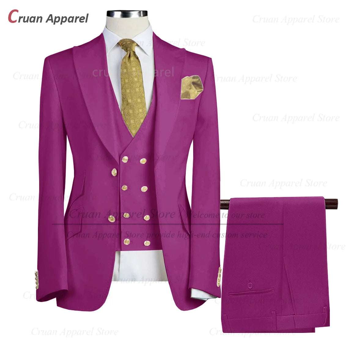 Tailor-made Brand Suits for Men Slim fit Prom Wedding Groom Tuxedo Set Party Gold Buttons Blazer Vest Pants 3 Pieces