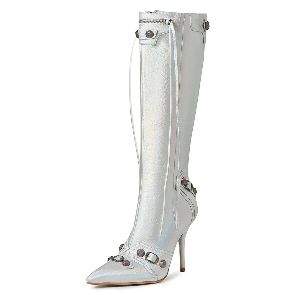 Stiletto High Heeled Knee High Boots Pointed Toe Back Zipper Tassel
