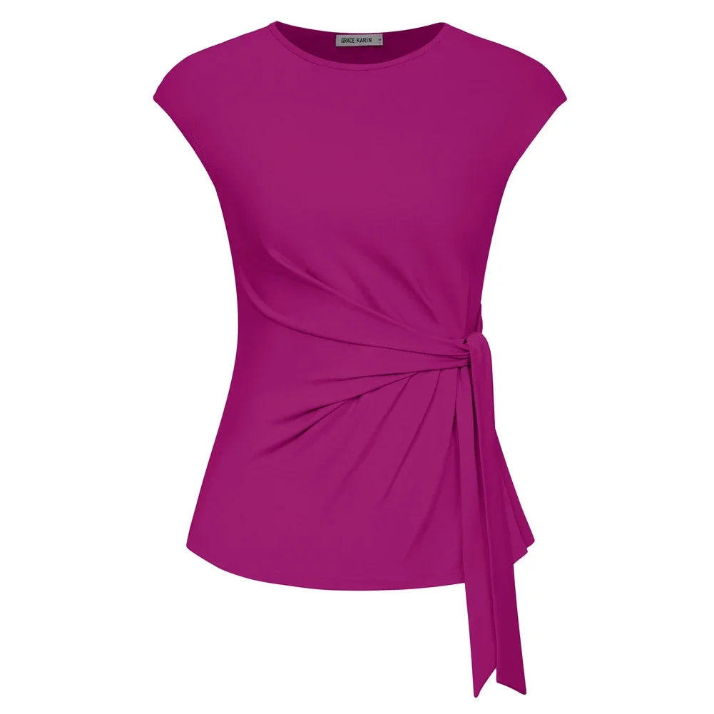 Front Bow Knot  Cap Sleeve Crew Neck Pullover