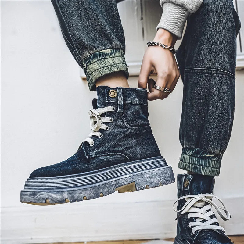 Retro Blue Denim Boots Men Lace-up Platform Men's Tooling Boots Western Basic Boots Men High Top Working Shoe Men Outdoor Boots
