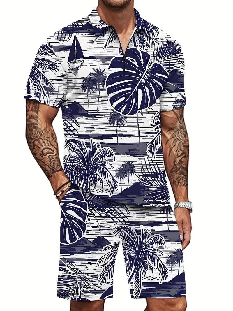 Zipper POLO Shirt Shorts Set Summer Fashion Casual Men's Sports Set 3D Printed Simple Style Lapel Zipper POLO Shirt 2 Sets