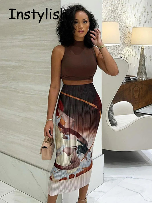 Vintage Art Print Ribbed Midi Skirt