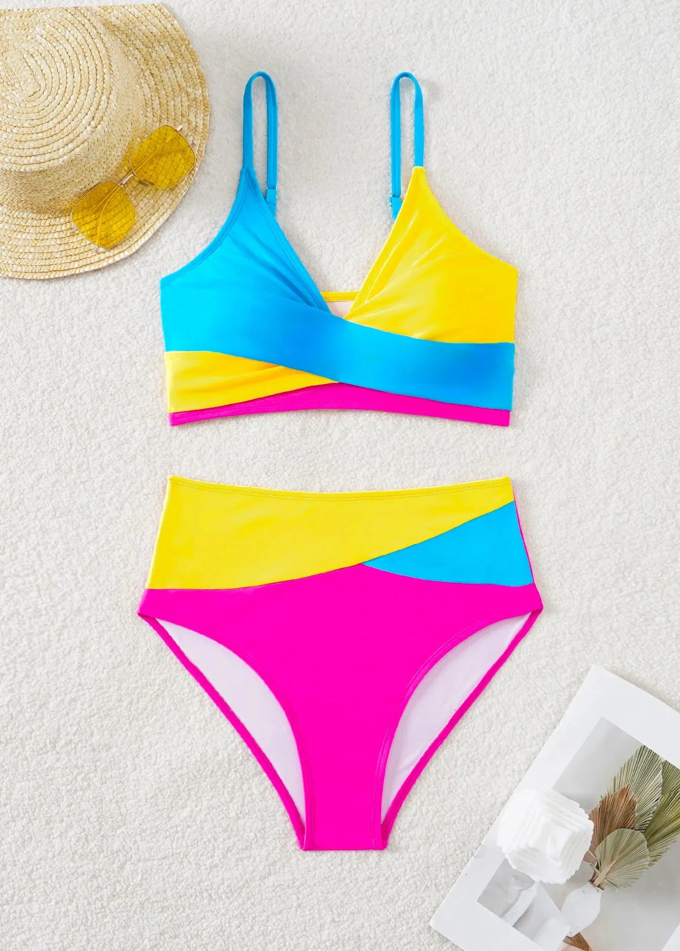 Patchwork 2 Piece Swimsuit for Women, high Waist V-neck Suspender Backless Bikini Set, summer Beach Vacation Swimwear