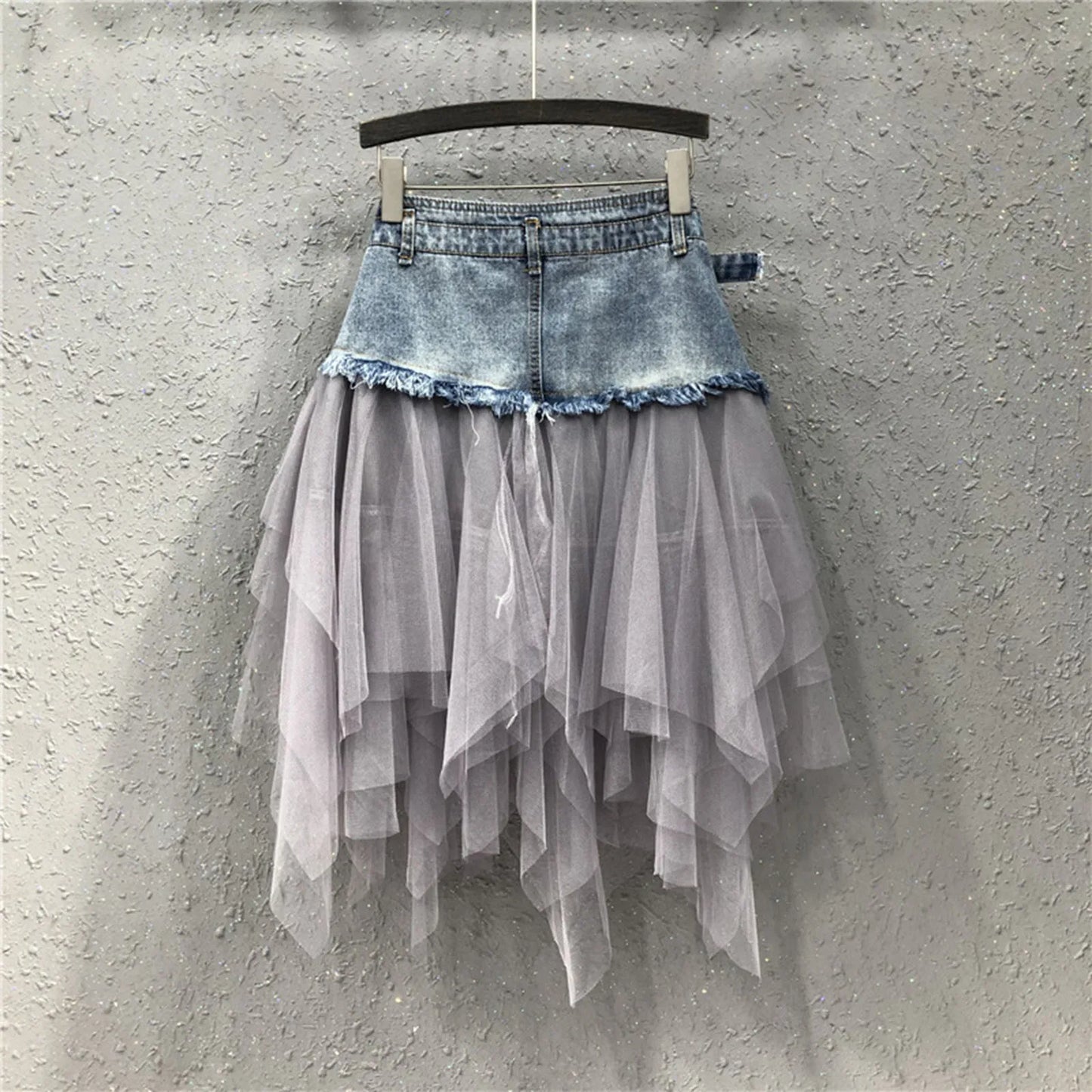 Skirt Women Aesthetic High Waist Denim Tulle Skirt Irregular Hem Belted Button Down Raw Edge A-Line Pleated Skirt