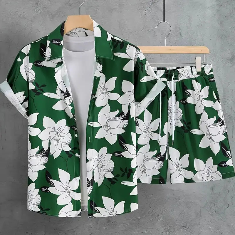 Fun 3D Flower Pattern Men's Hawaiian Shirt Sets Summer Short Sleeve Tops Beach Shorts 2 Piece Casual Vacation Outfit Clothing