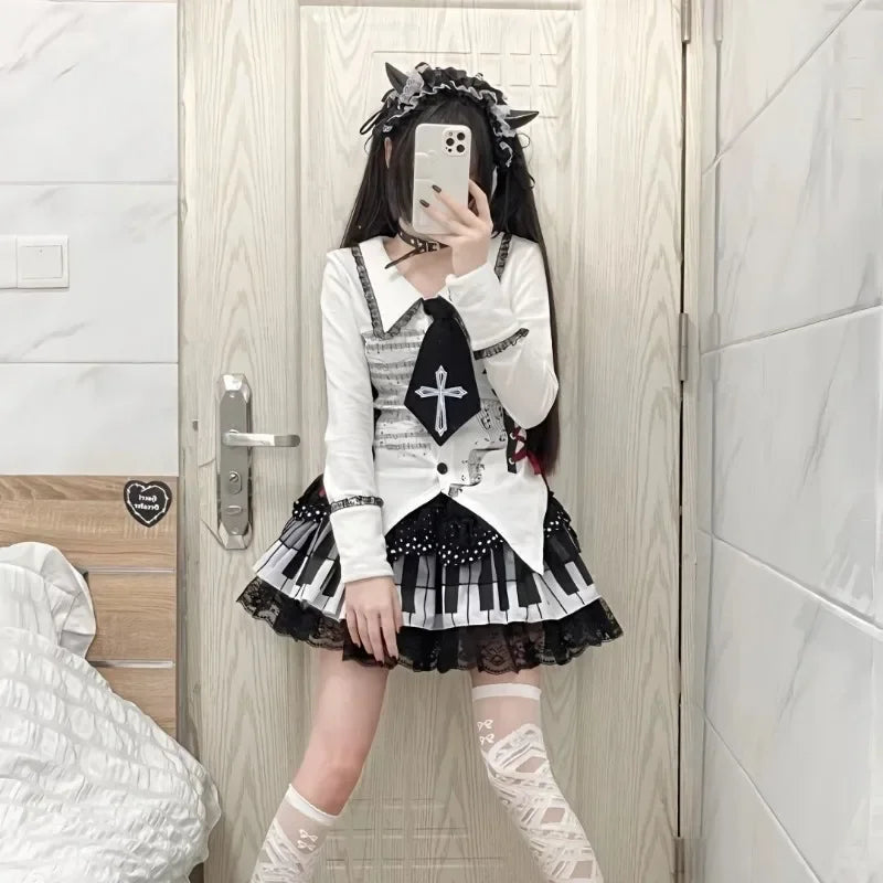 Piano Key Wave Dot Lace Skirt Gothic