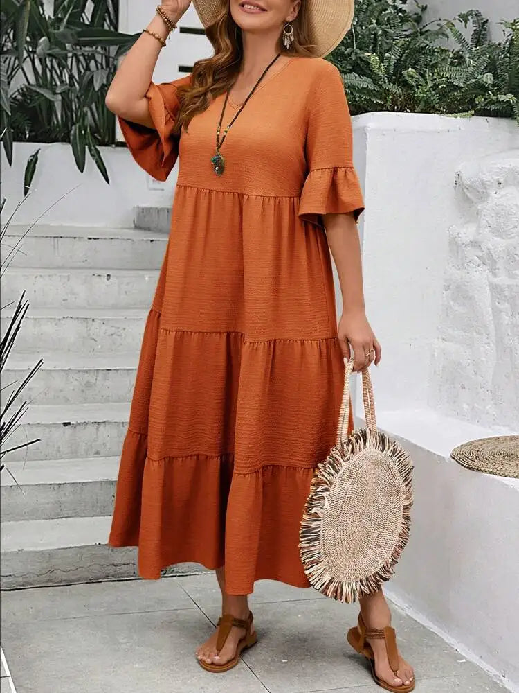 Spring and Summer  Large V-neck Splicing Multi color Multi plus size Long Style Large Swing Dress