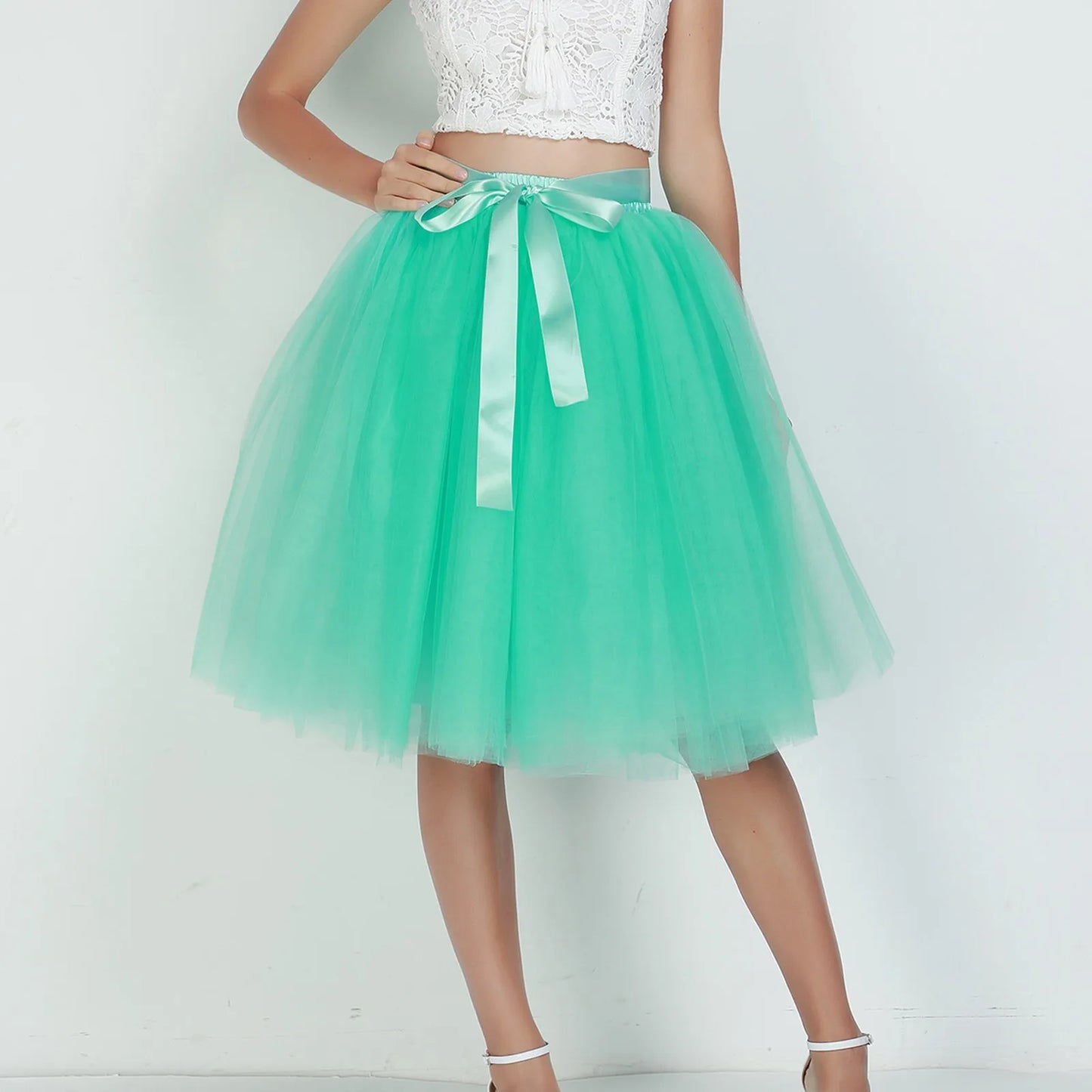 Knee Length Women A-Line Tulle Skirts Lace Up Multi Layered Tulle Petticoat Midi Skirt
