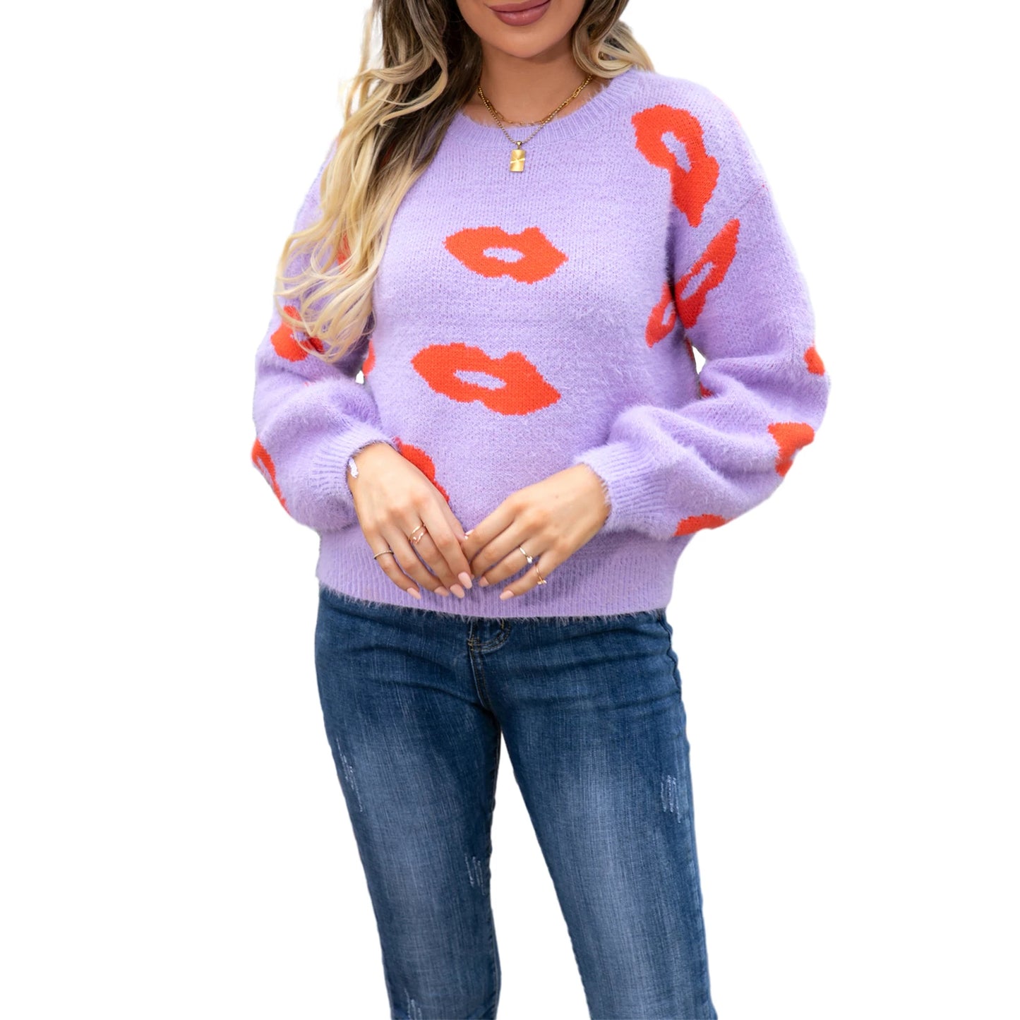 Women Sweater Cartoon Lip Print Long Sleeve Round Neck Loose Pullover Knitwear