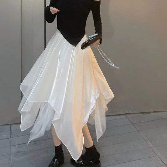 Gothic High Waist Asymmetrical Mesh A Line Midi Skirt