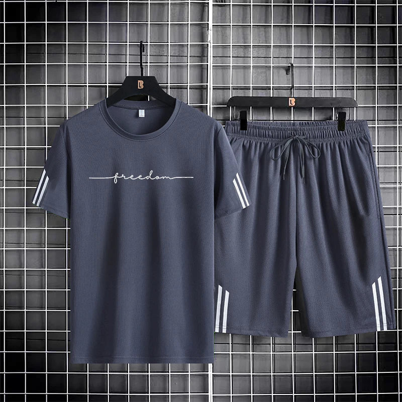【 M-5XL 】 Summer men's set quick drying breathable mesh short sleeved T-shirt and shorts two-piece running sports set