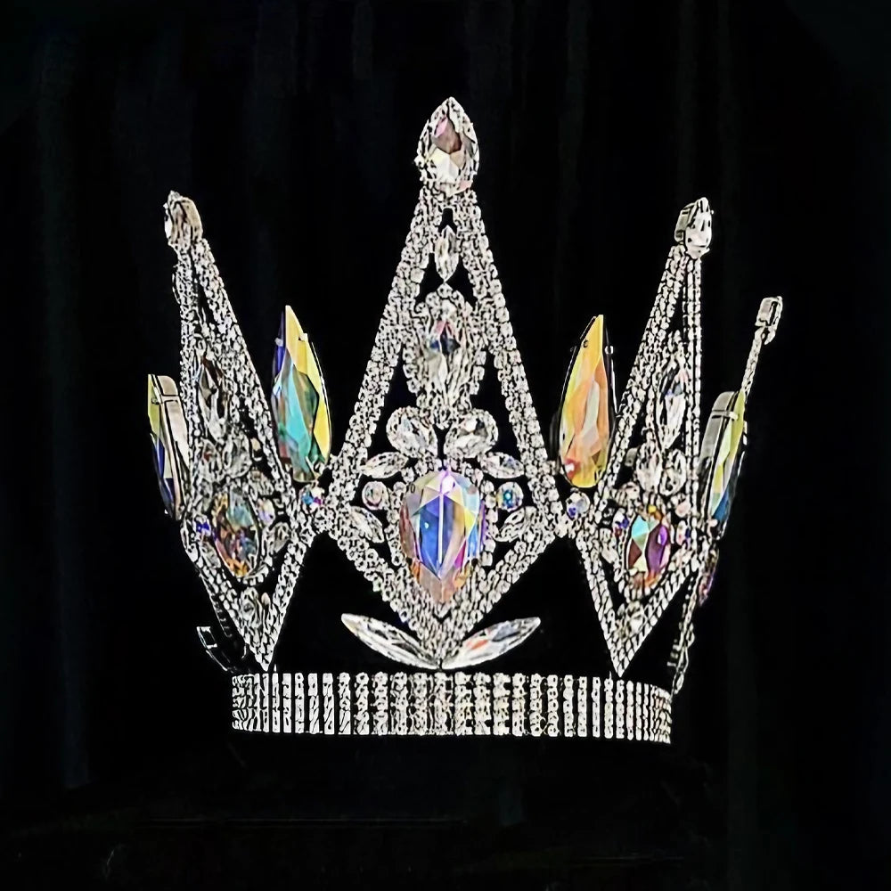 Geometric Large Rhinestone Crown Headpiece Wedding Jewelry Beauty Contest Colorful Crystal Queen Crown Tiara
