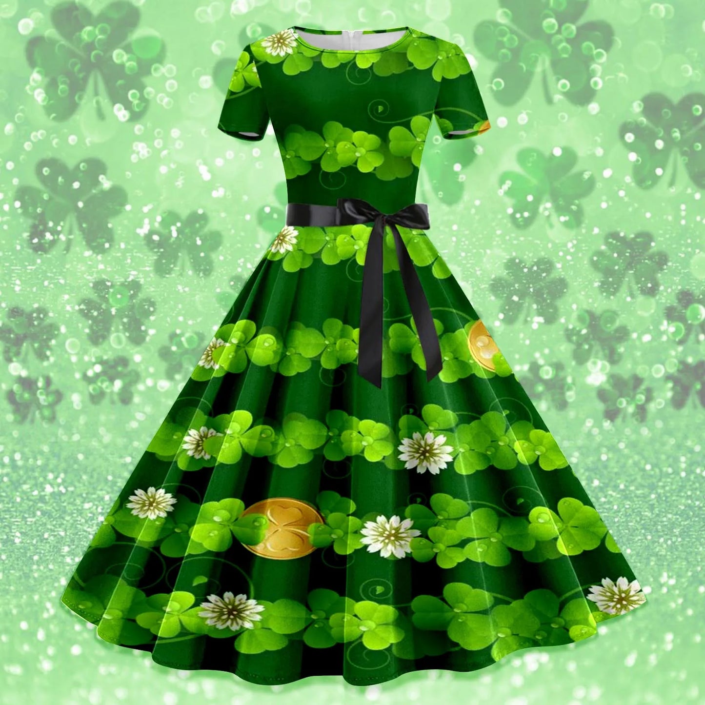 Shamrock Print Women St. Patrick's Day Dress Large Swing Short Sleeve A Line  Dress