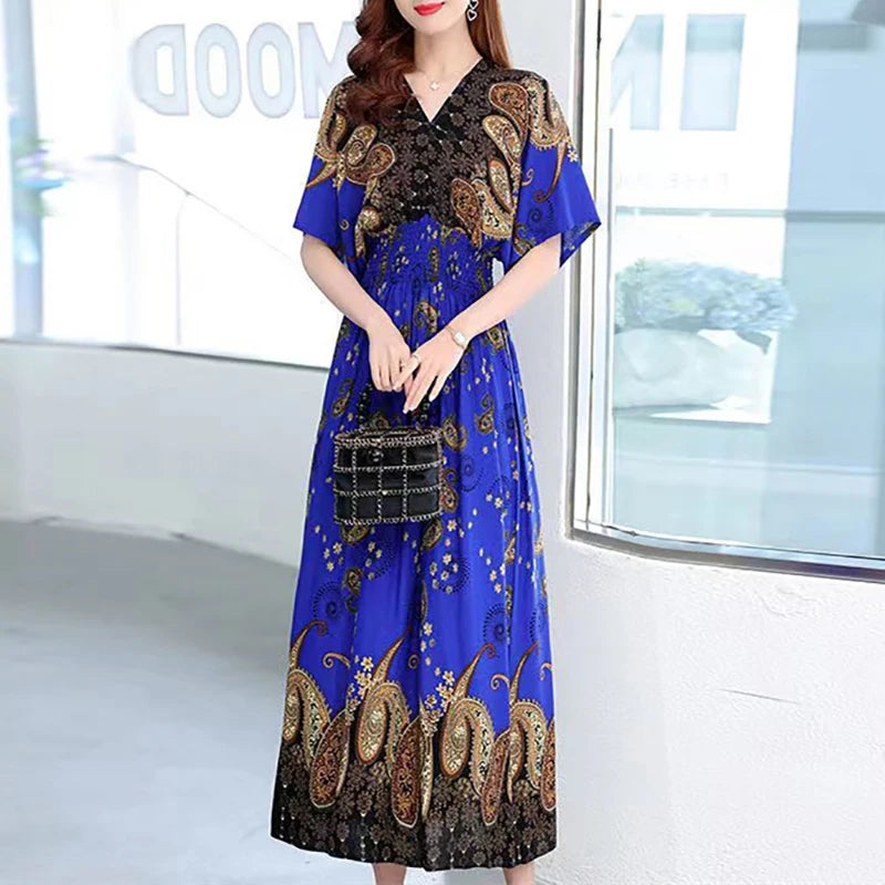 Colorful Flower V-neck Elastic Youthful Bohemian Sweet Midi Dress Woman Clothes Chic Fashion Summer Dresses