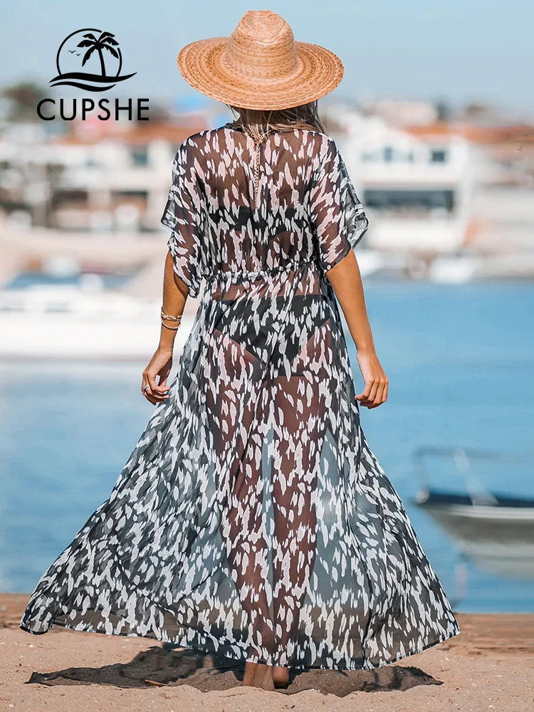 Leopard Print Maxi Length Kimono Bikini Cover Up For Women Short Sleeve Lace Up Long Summer Beachwear