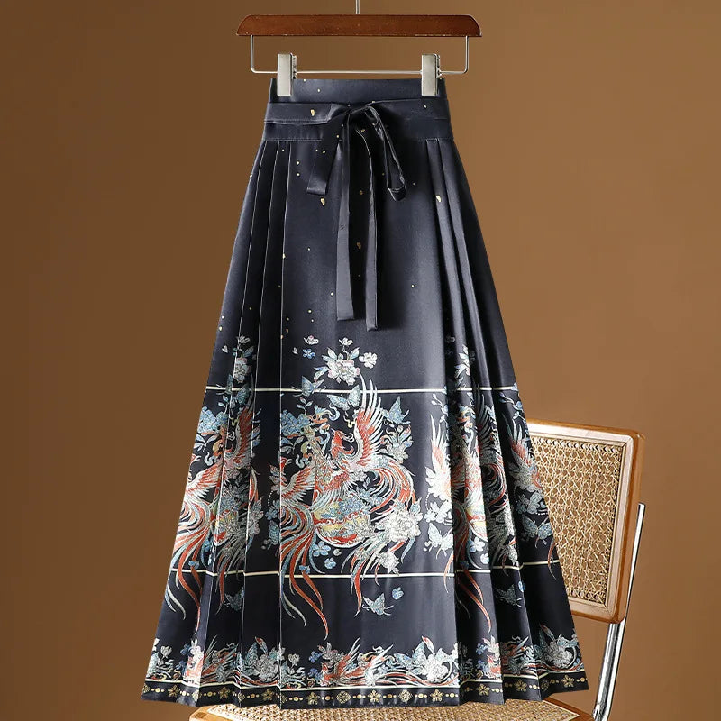 Vintage Maxi Chinese Style Horse Face Skirts  Pleated