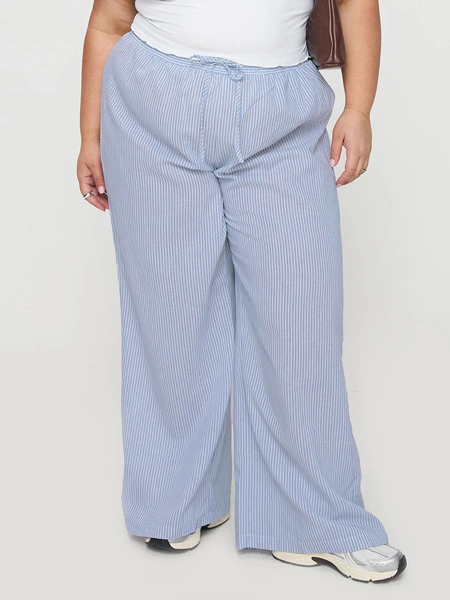 Women Plus Size Pants Solid Color High Waist Wide Leg Trousers Spring Summer Casual Loose Fit  Bottoms with Pockets