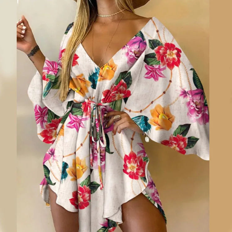 Women Print Dress Sexy V-Neck Bat Sleeve Ruffle Flowers Print Bohemian Beach Sundress Ladies Loose Summer Vacation Mini Dresses