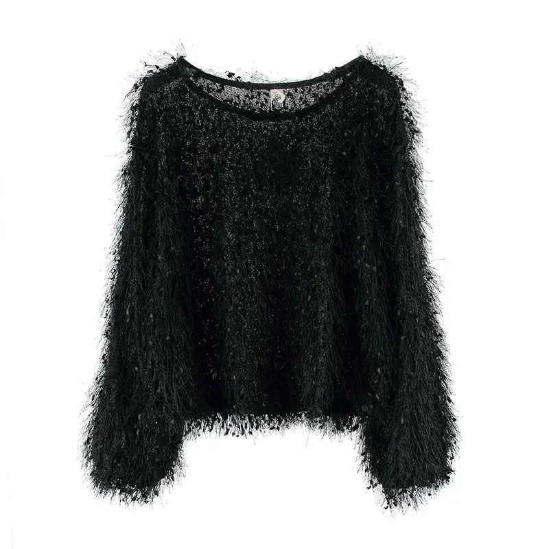 Spring Autumn Tassel O-neck Lantern Sleeve Short Blouses