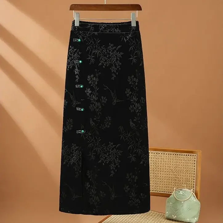 Chinese Style Vintage  High Waist  Floral Bodycon Split Skirts
