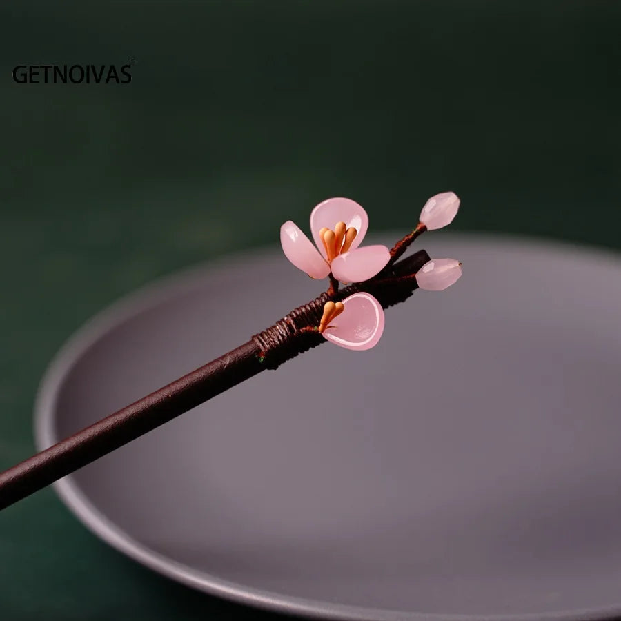 Floral Hair Pins Handmade Wooden Twist Bun Pin Chopsticks Flower Hair Clips Chinese-style Hair Stick