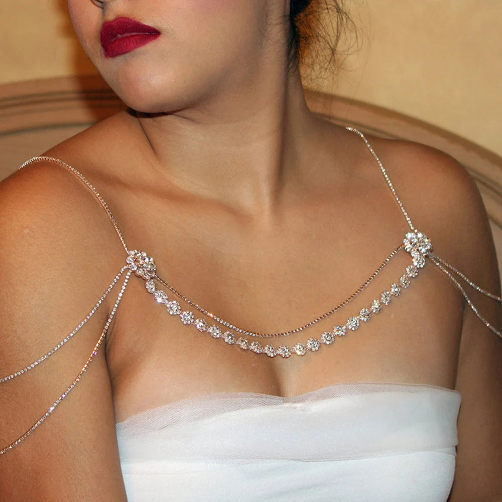 Rhinestone Flower  Shoulder Chain Necklace  Accessories Multilayer Body Jewelry Dress Lingerie