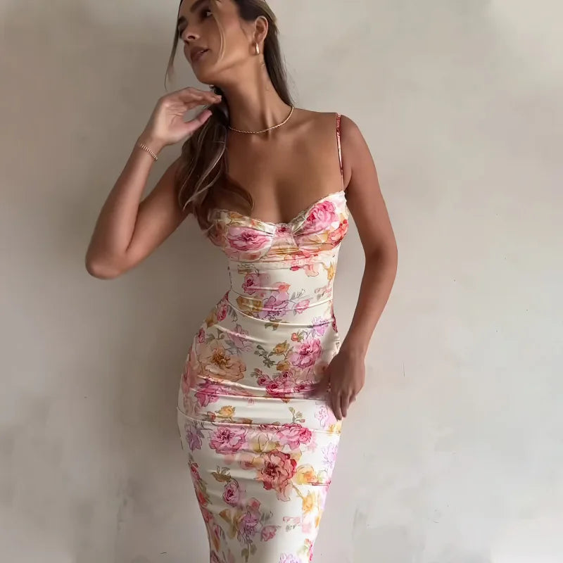Floral Suspender Split Slim Sleeveless  Beach Style Spaghetti Strap Dress Women Clothes Mini Dress