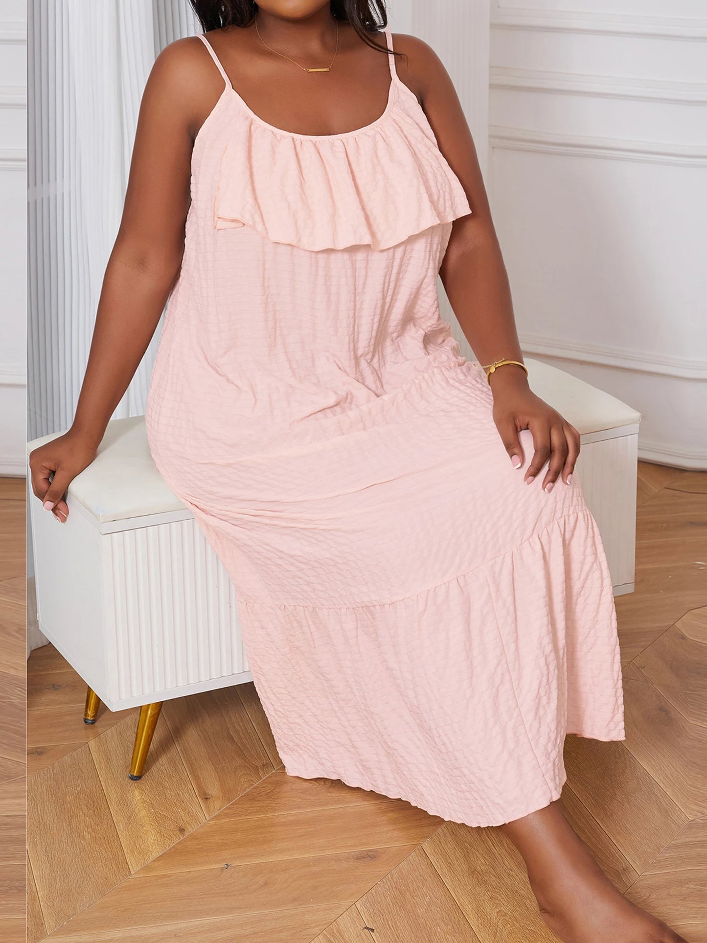 Round-Neck Ruffle Trim Sleeveless Spaghetti Strap