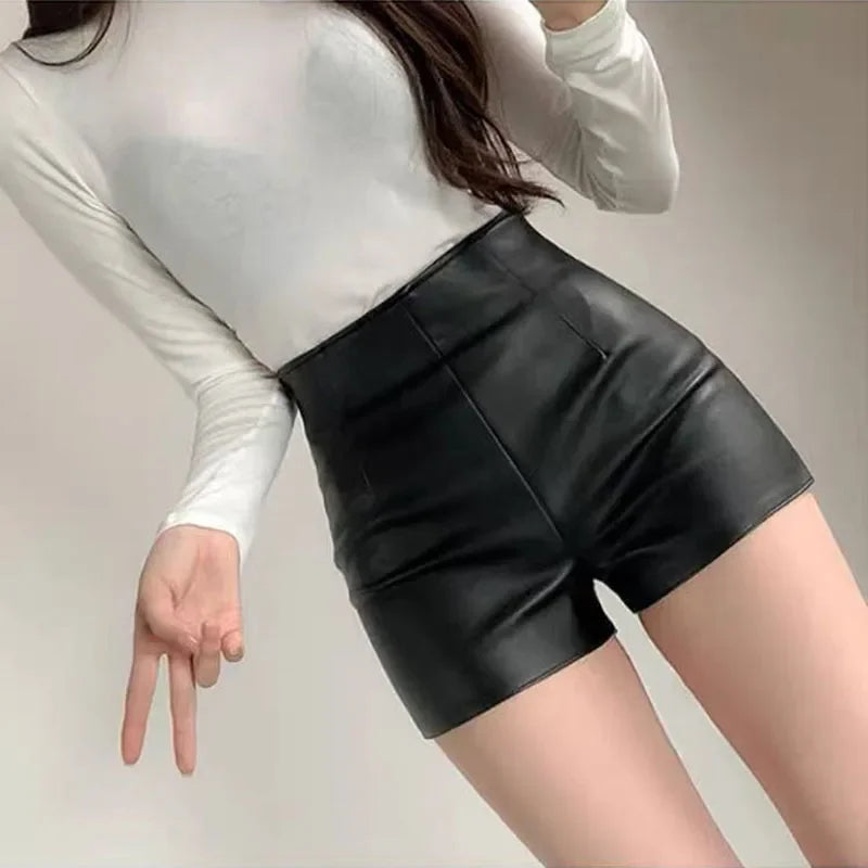 High Waist  Leather Shorts with Zipper Fly