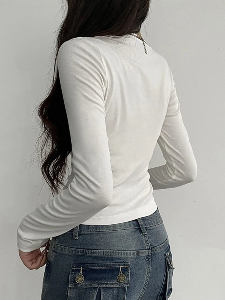 Women's Tops Fall Casual Coquette Clothes Solid Color Lace Trim Long Sleeve T Shirts