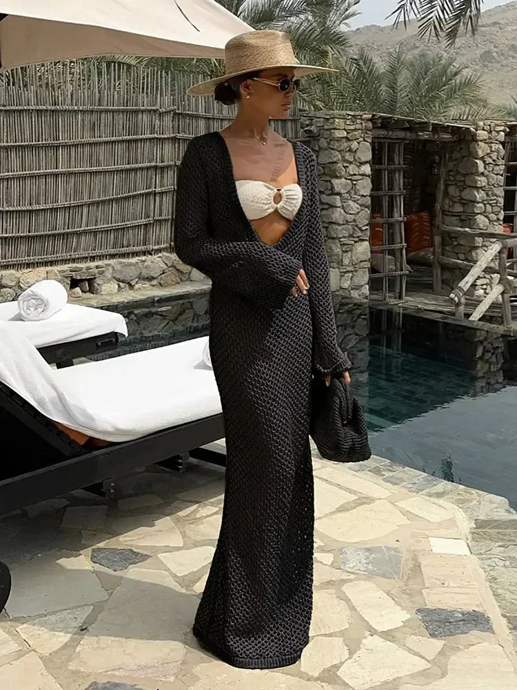 Sexy U-neck Bell Sleeve Knit Maxi Dress Women's Swimwear Bikini Cover-ups  Crochet Beach Outfit