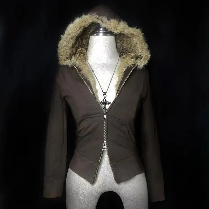 Sweater Fashion Oversized Knit  Vintage Streetwear Fur-lined hood