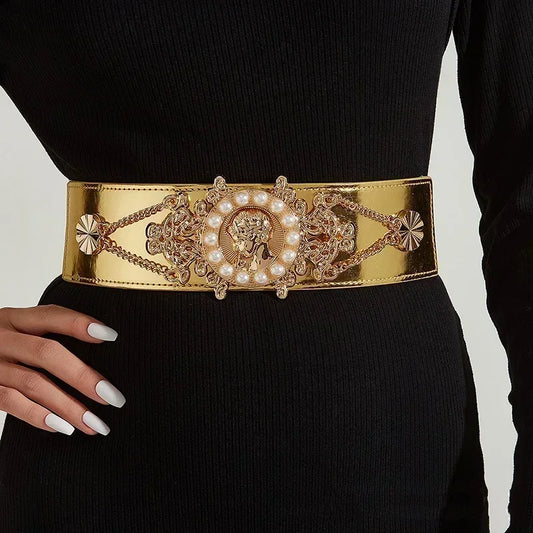 Ladies Pearl Fashionable Golden Wide Waist Seal Dress Decoration Elastic Belts for Women Luxury Designer Brand